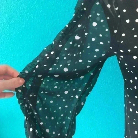 Ann Taylor black and white polka dot long sleeve shirt with mesh sleeves - Picture 2 of 3
